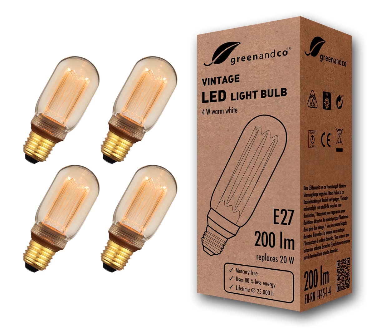 greenandco 4X Decorative LED Vintage Light Bulb | E27 T45 | Amber | 4W 200lm | 1800K Extra Warm White | 320° | 230V | Flicker Free | Not Dimmable