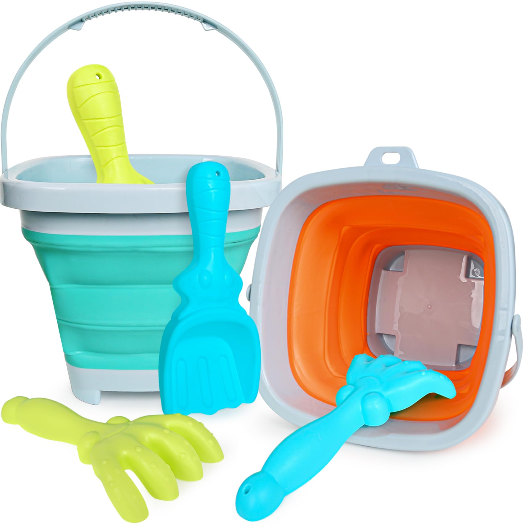 Photo 1 of GKDOMS Kids Beach Toys Set with Collapsible Bucket, Sand Rake and Shovel, Turquoise and Orange, Ages 2-6, 2pack Travel Toys (Two Mix)
