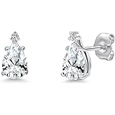 Gem Stone King 14K White Gold White Created Sapphire and Lab Grown Diamond Teardrop Stud Earrings for Women | 2.02 Cttw | Gemstone September Birthstone | Pear Shape 7X5MM