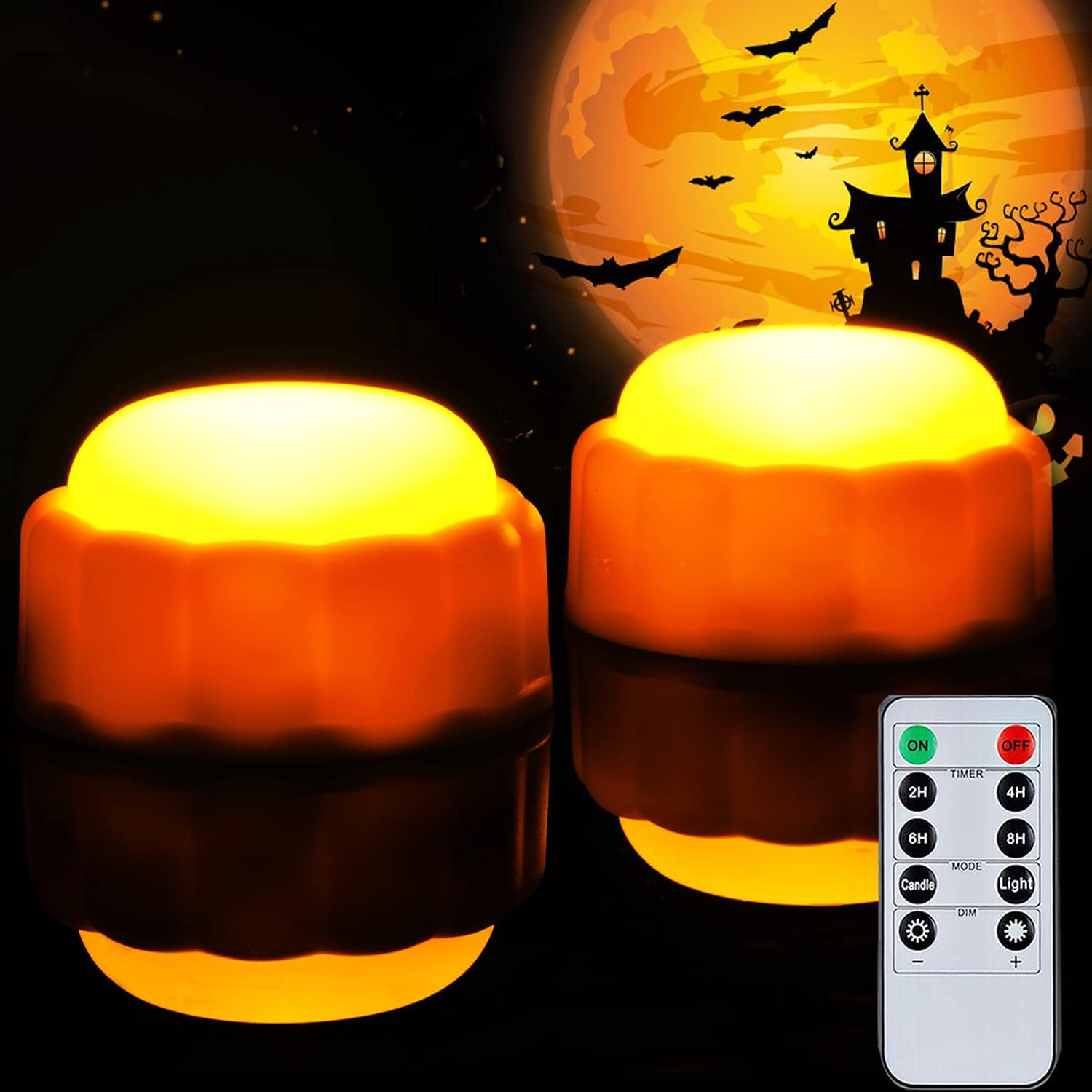 Lighting - Homemory Halloween Bright LED Pumpkin Lights with Remote Control and Timers, Jack O’ Lantern Lights Battery Operated for Halloween, Fall Decorations, Orange, Outdoor, Set of 2