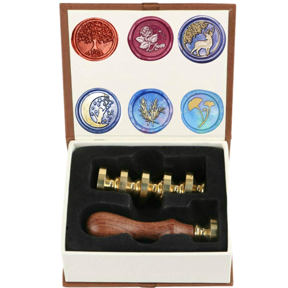 ANBOSE Tree of Life Wax Seal Kit With 6 Removable Brass Heads and 1 Wooden Hilt - Retro Vintage Personalized Stamp for Letter Cards Invitations