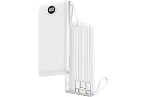 VRURC Portable Charger with Built in Cable, 20000mAh USB C Power Bank,22.5W Fast Charging LED Display Phone Charger, 4 Output 2 Input Battery Pack for iPhone,Samsung,Android-White (1 Pack)