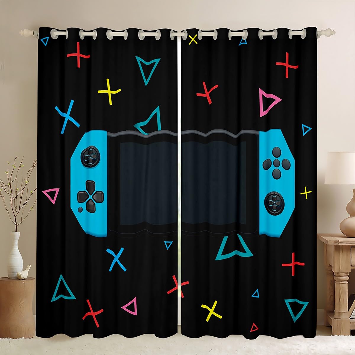 Loussiesd Gamer Curtain for Boys Bedroom Kids Toddler Gaming Window Treatments Video Game Window Drapes Home Decor Curtain Geometric Triangle Circle Window Treatment Colorful W46*L54