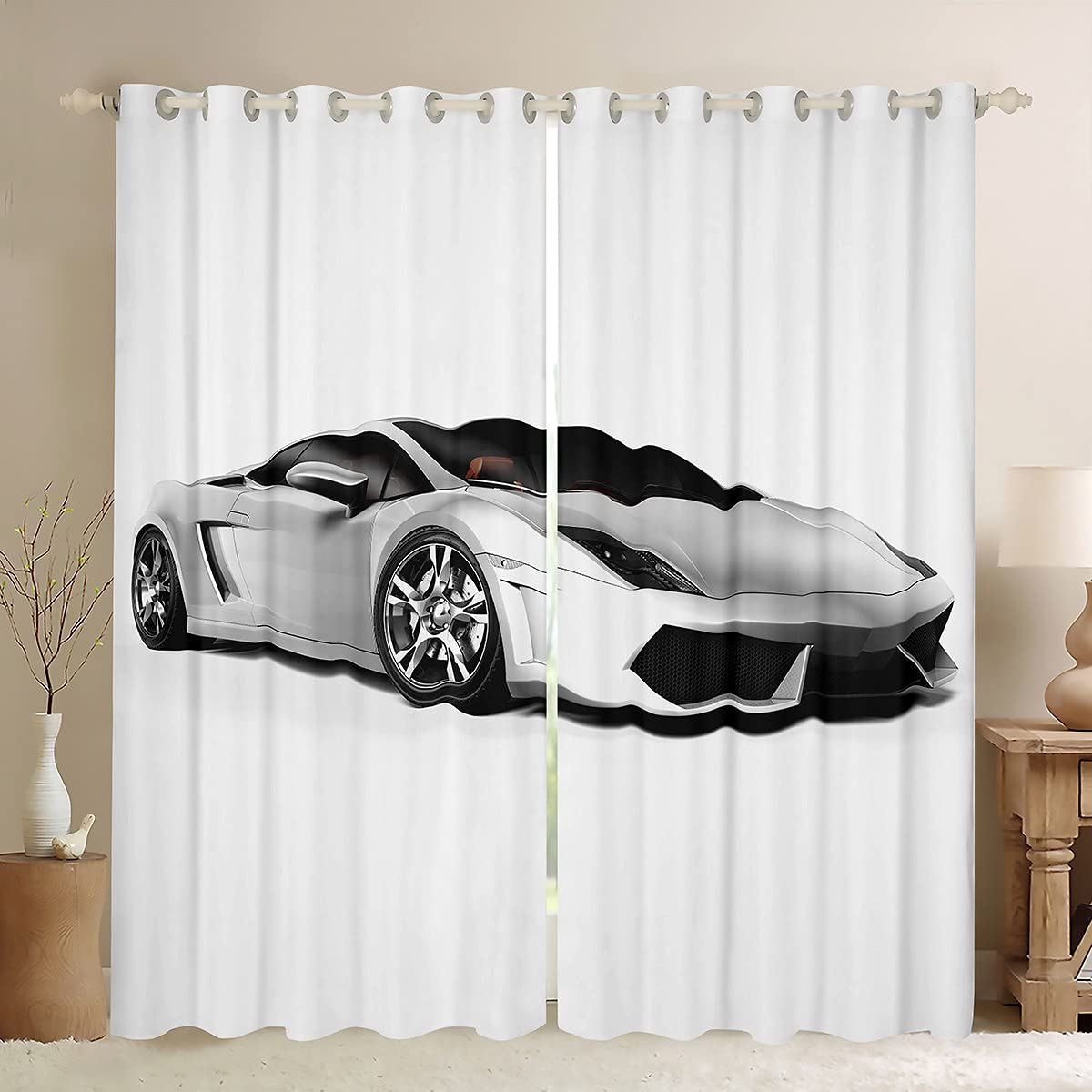 Loussiesd Race Car Curtains Boy Man Sport Curtains for Bedroom Living Room Kids Teens 3D Speed Sports Car Windows Drapes Room Decoration White Black,W66*L72