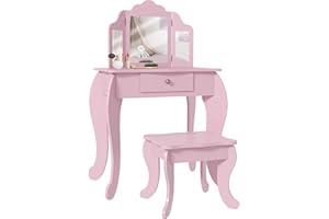 Qaba Kids Vanity Table and Stool, Makeup Vanity Girls Dressing Table Set with Tri-Folding Mirrors Drawer, Pink