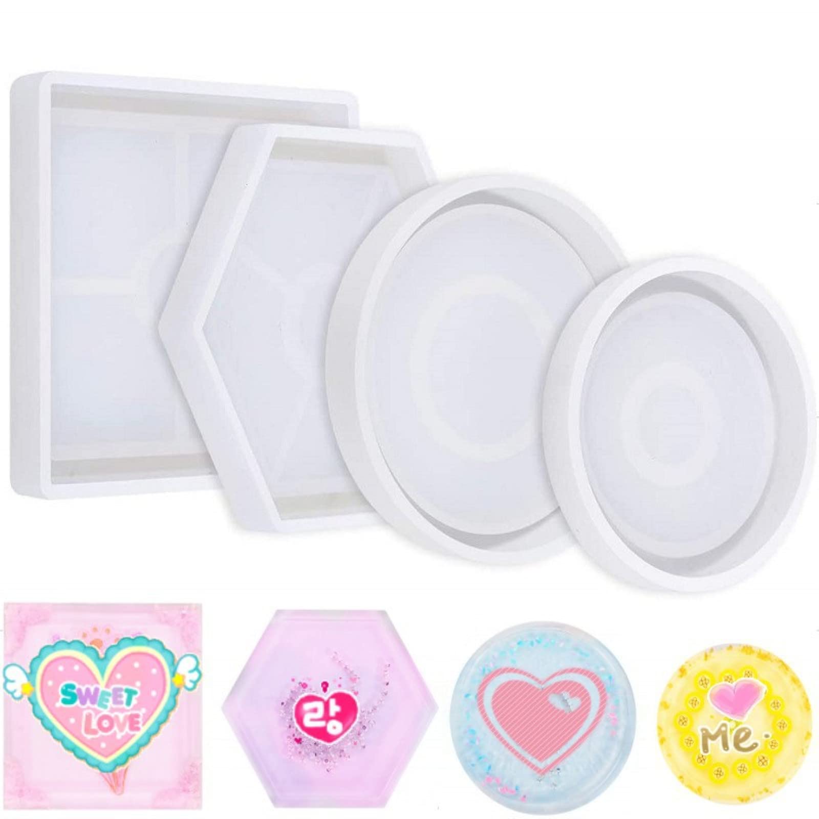 LEAMALLS 4 Pack Resin Coaster Mould Jewellery Silicone Epoxy Cup Mat Round Square Hexagon Shape Mold for Making Coaster Bowl Mat Flower Pot Soap Holder Art Craft Casting Modeling Tool