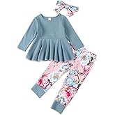 bilison Toddler Baby Girl Clothes Solid Color Ruffle Tops Floral Pants with Headband Outfit Set