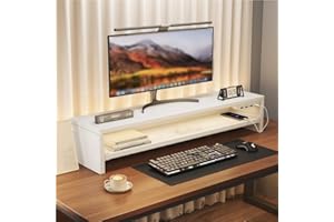 Wooden Monitor Stand Riser with Charging Ports, Dual-Layer Desktop Computer Stand, Monitor Shelf Organizer for Computer, Lapt