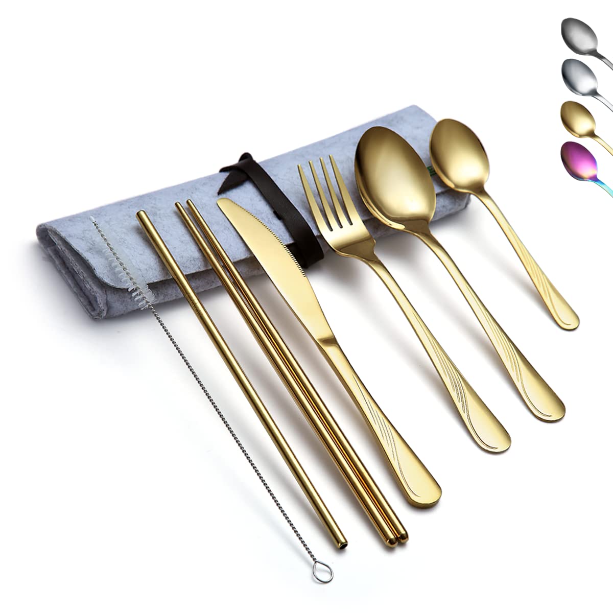 Evanda Portable Utensils, Travel Camping Cutlery Set, Stainless Steel Flatware Set Travel Silverware Dinnerware Set with a Portable Case (Gold)