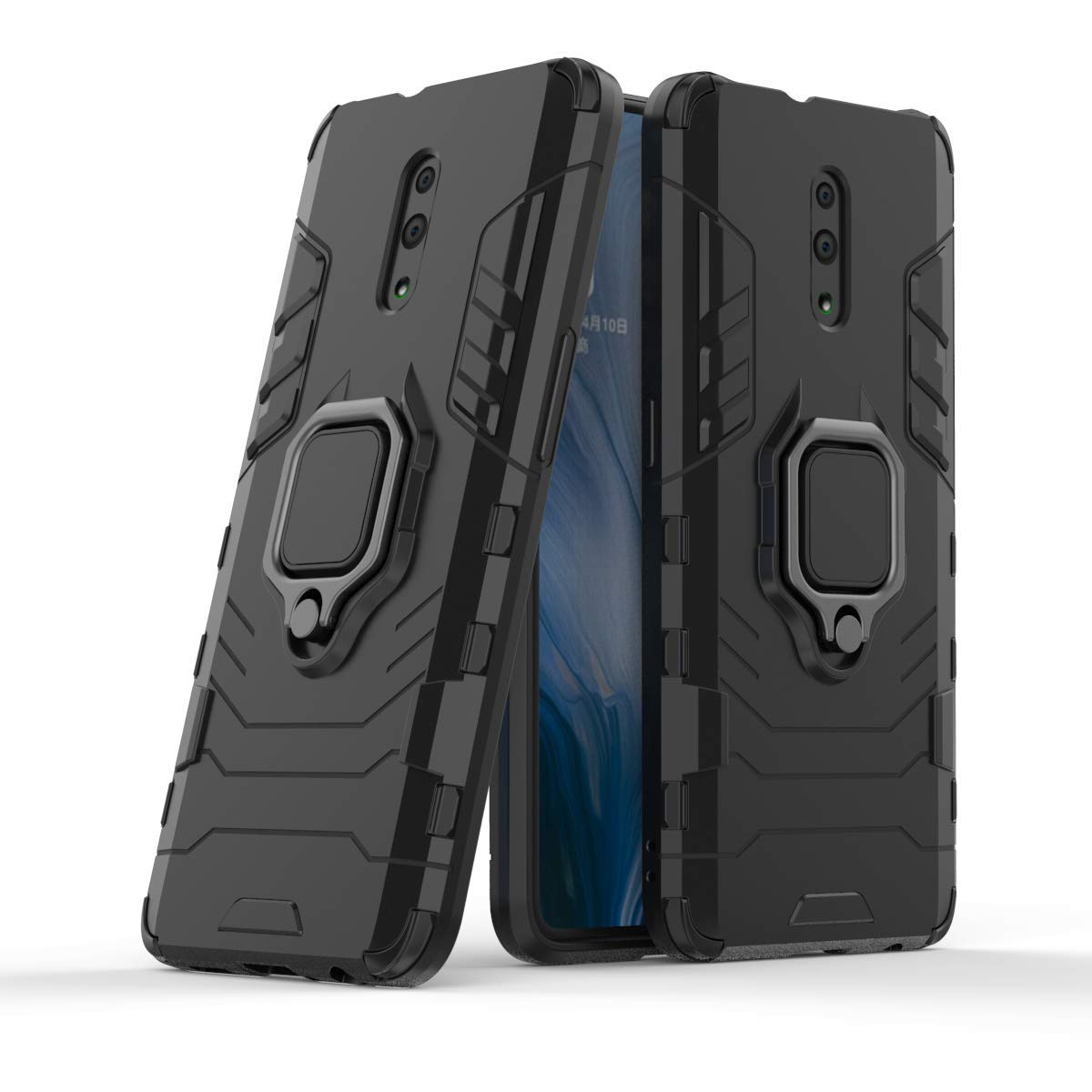 MRSTER OPPO Reno Case, Heavy Duty Armor Dual Layer Shock Resistant Hybrid Protective Case Cover with Ring Holder Kickstand for OPPO Reno. HB Black