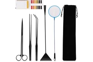 HOTOOLME 6 in 1 Aquarium Aquascape Tools, Long Stainless Steel Aquatic Plant Tweezers Scissors Scrapers Set for Fish Tank Starter Kit, Aquarium Cleaning Kit with PH Paper Fish Net Bag (Black)