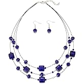 Layered Silver Beaded Necklace for Women Square Crystal Beads Statement Collar Necklace and Earrings Fashion Costumes Jewelry Sets for Women