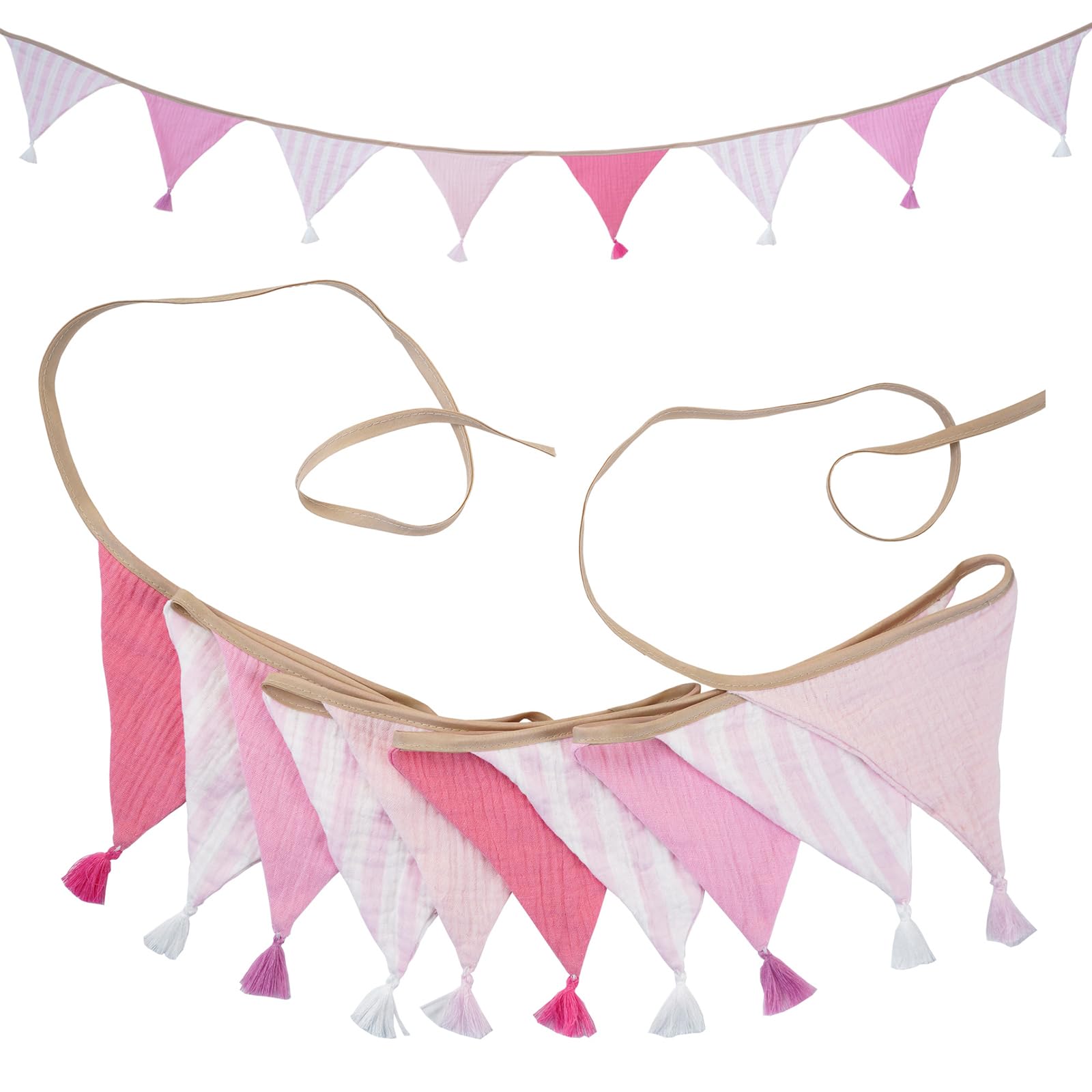 G2PLUS Muslin Fabric Bunting with Tassel: 10PCS Double Sided Cotton Garland, 2.6m Nursery Fabric Triangle Banner for Nursery, Bedroom, Baby Shower, Brithday Party Decoration, Pink