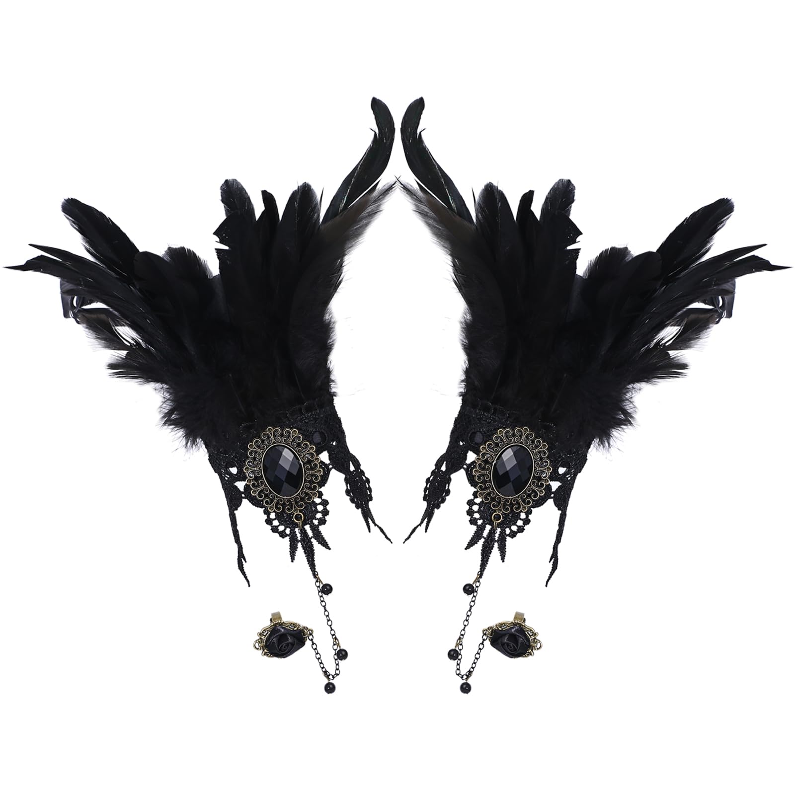 Oidea Black Lace Feather Gloves for Women: Vintage Gothic Victorian Vampire Gloves Steampunk Halloween Masquerade Costume Prom Party Accessories
