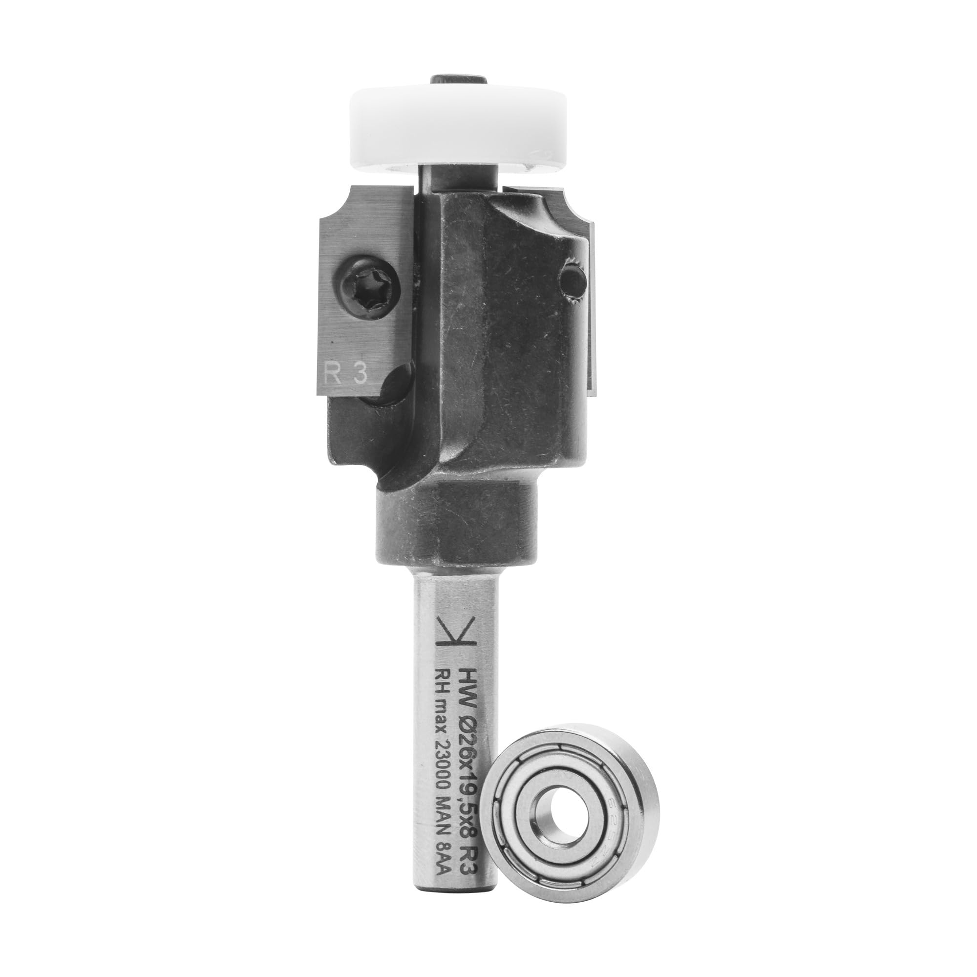 ENT 20332 WePla Rounding Over Cutter and Beading Cutter TC Shank (S) 8 mm, Diameter (D) 26 mm, (NL) 19,5 mm, (R) 3 mm, (ØKL) 20/16 mm, with Two Ball Bearings