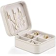 Vlando Small Travel Jewelry Box Organizer Display Case for Girls Women Gift Rings Earrings Necklaces Storage, Beige
