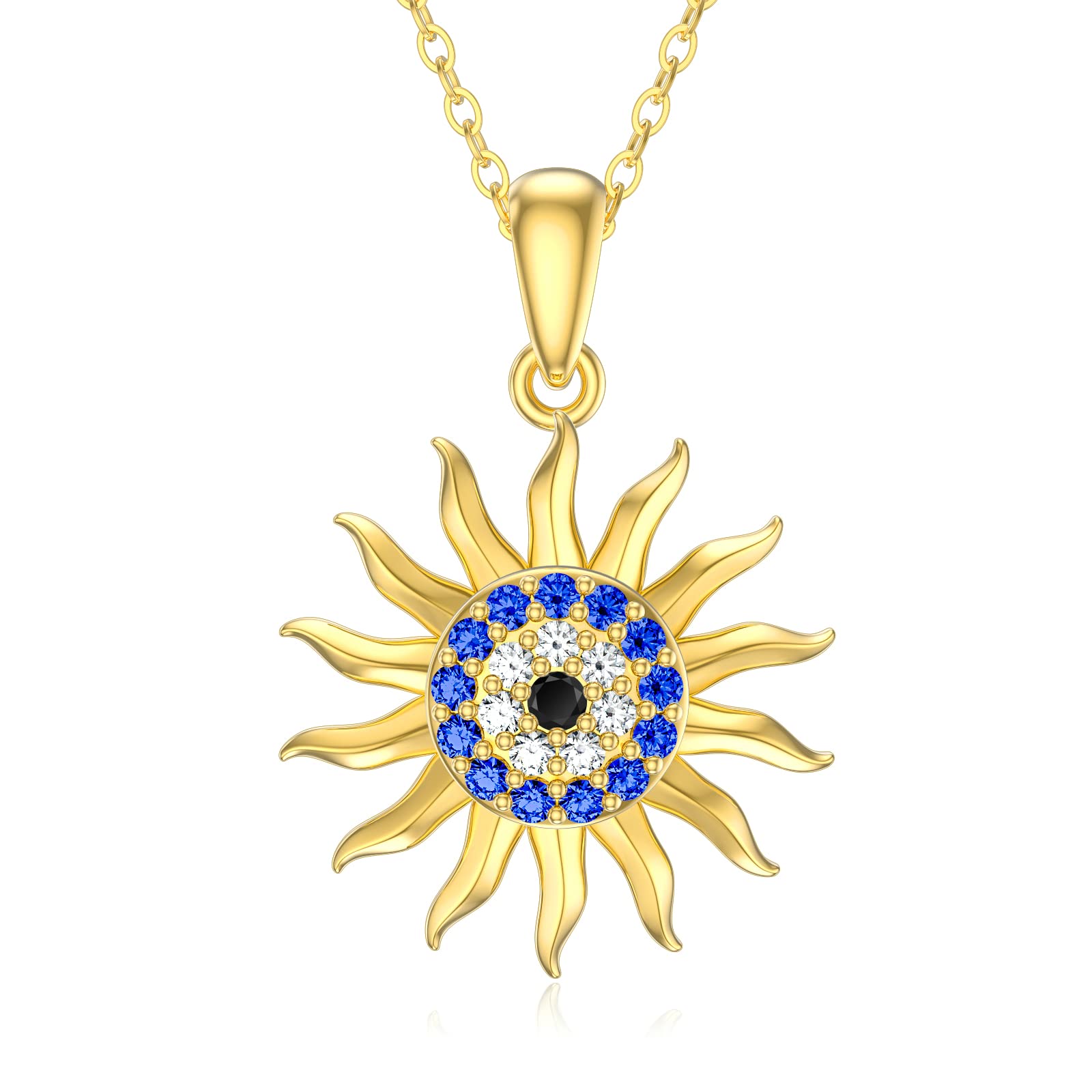 SISGEM 9 ct Gold Evil Eye Necklace, Solid Yellow Gold Sun Ray Pendant Necklace, for Her Mum Sister Friends, 16"+1"+1"