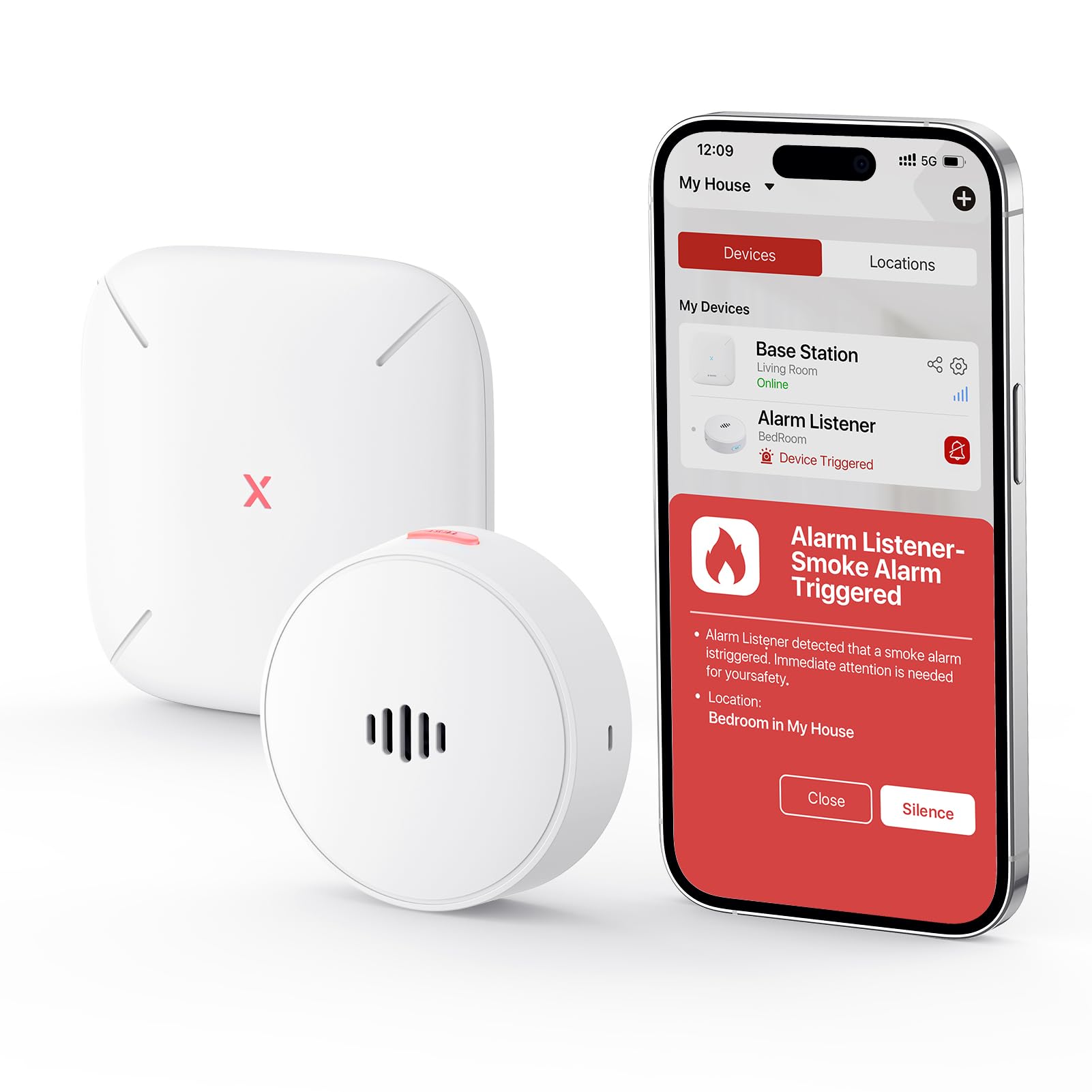 X-Sense Wi-Fi Alarm Listener Kit with Voice Location, Real-Time Notifications, Works with All Smoke Detectors and Carbon Monoxide Detectors, 1 Listener & 1 Base Station, Model SAL101