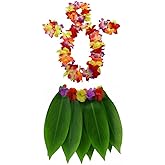 Ti Leaf Skirt Hawaiian Hula Grass Skirt with Flower Leis for Women,Girls,Men,Luau Party Dress Outfits