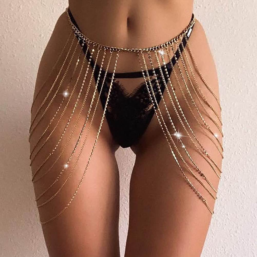 Carufin Crystal Waist Chain Gold Multi-layer Tassel Body Chains Sexy Bikini Chain Jewelry Nightclub Body Accessory Adjustable for Women and Girls