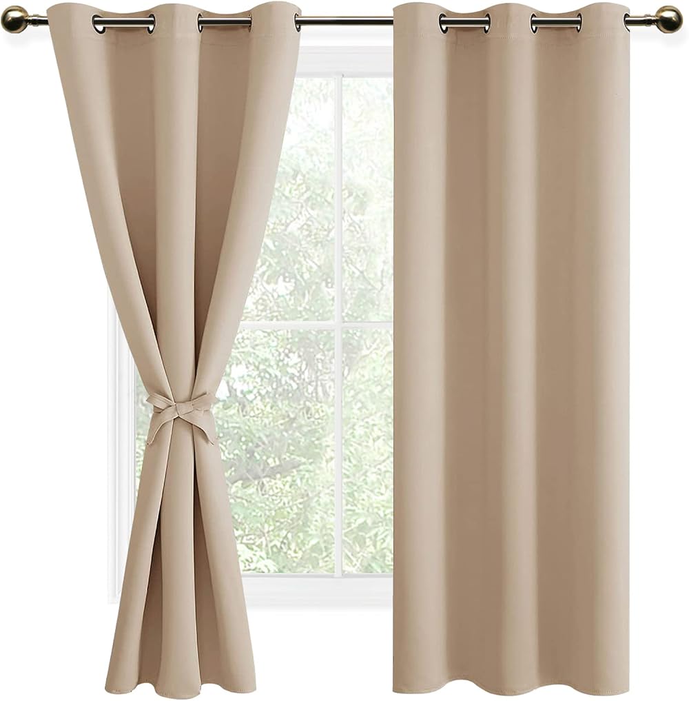 DWCN Beige Blackout Curtains 2 Panels 46x72 Grommet Tiebacks Thermal