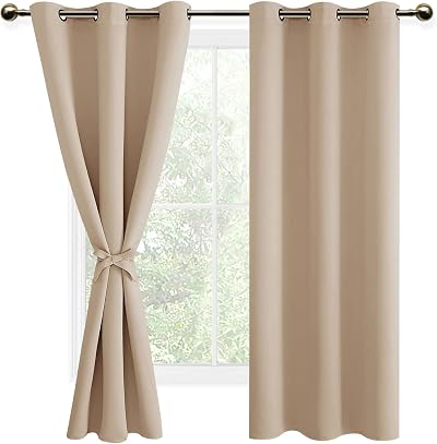 DWCN Beige Blackout Curtains 2 Panels 46x72 Grommet Tiebacks Thermal