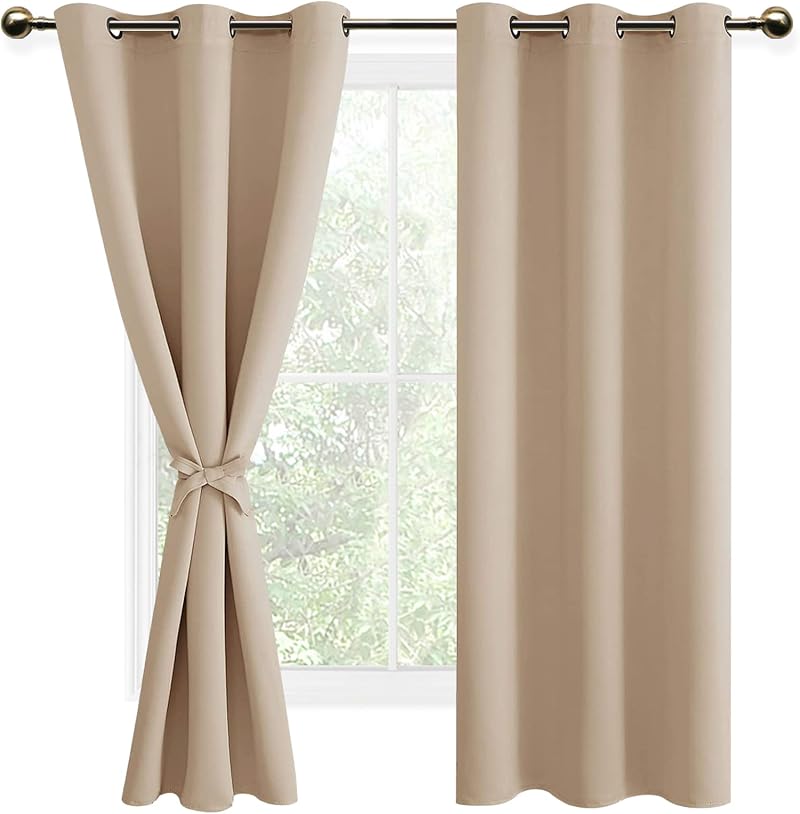 DWCN Beige Blackout Curtains 2 Panels 46x72 Grommet Tiebacks Thermal