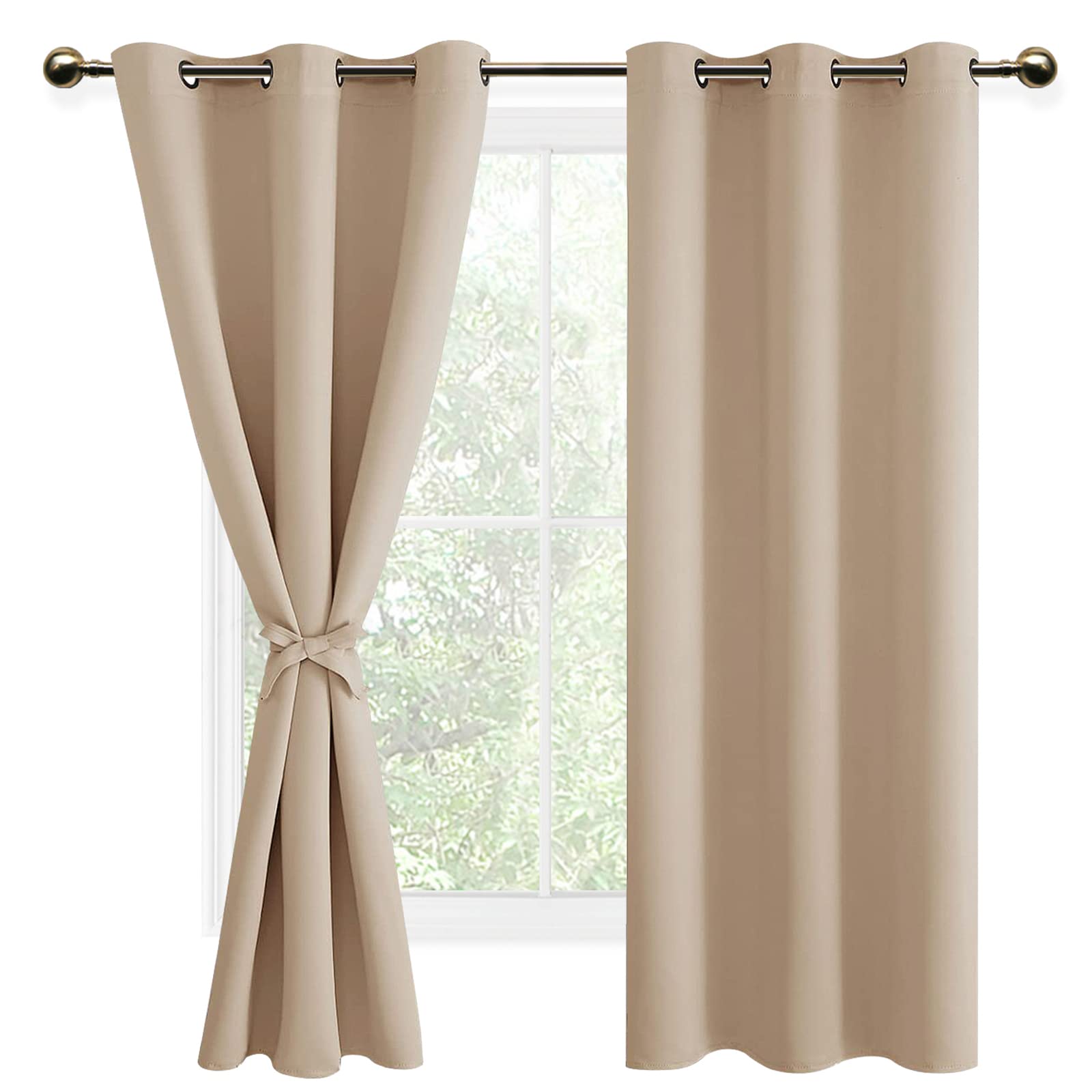 DWCN Beige Blackout Curtains with Tiebacks for Bedroom Thermal Insulated Solid Eyelet Curtains for Living Room,2 Panels,46" Wide x 72" Drop — image 1