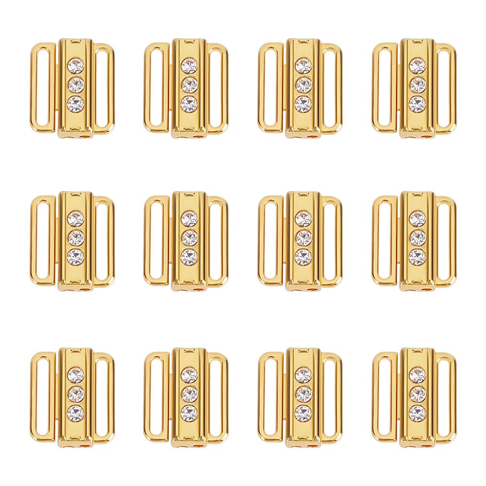 GOMAKERER 12 Pcs Rhinestone Bikini Connectors, Bra Strap Hooks for Sewing Bikini Halter Swimsuit Tops Lingerie Rings Metal Bathing Suit Clips Adjustment Slider for Slip Dress, Golden
