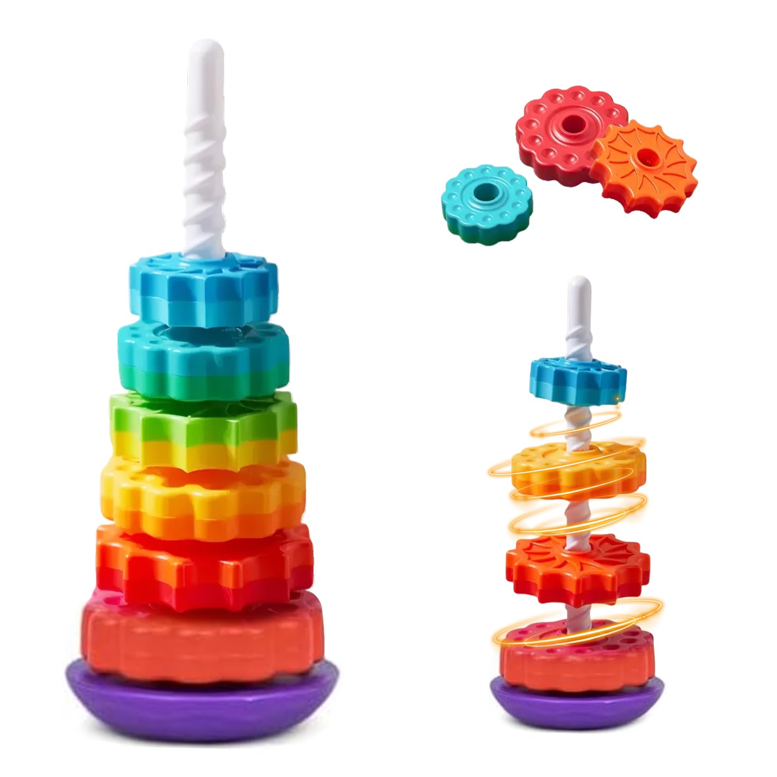 DYOUen Baby Spinning Toy Rainbow Stacking Tower Christmas Stackable Spin Gears Sensory Ring Stacker Educational Montessori BPA Free for 12 Months+