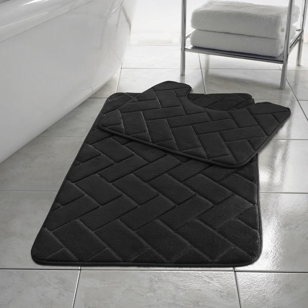 HomeSpace Direct Blocks Non- Slip Memory Foam Bath Mat/Toilet Mat Set Black