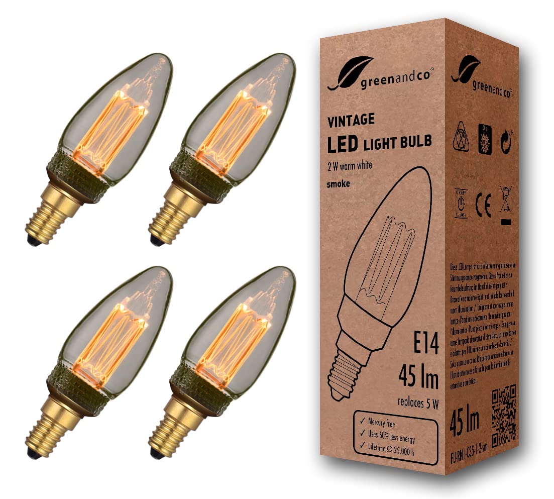 greenandco 4X Decorative LED Vintage Light Bulb | E14 C35 | Smoke | 2W 45lm | 1800K Extra Warm White | 320° | 230V | Flicker Free | Not Dimmable