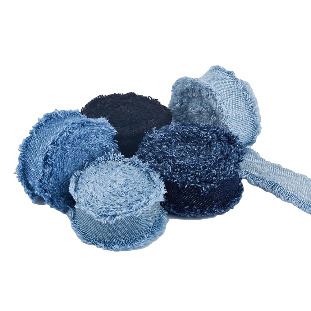 SUPERFINDINGS 5 Rolls 10 Yards Fringes Fabric Ribbon Denim Ribbon Wrapping Frayed Cotton Jean Fabric for Gifts Wrapping Hair Sewing Accessories Weddding,2yards/roll