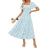 ZESICA Women‘s Summer Boho Floral Midi Dress 2026 Casual Short Sleeve Square Neck Flowy Beach Vacation Long Dress