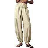 UANEO Womens Baggy Pants Pull On Cotton Linen Smocked Elastic Waist Tapered Relaxed Harem Trousers with Pockets