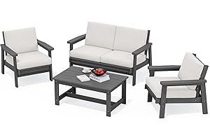 SERWALL HDPE Outdoor Furniture Set 4, All Weather Wood-Like Outdoor Sofa Sectional Couch, Grey Patio Furniture Set with Khaki Cushions