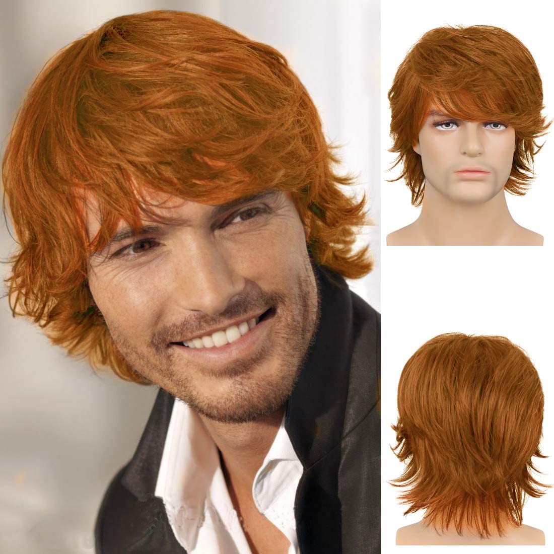 Photo 1 of Wiwige Mens Orange Wig Short Layered Fluffy Natural Wig Synthetic Heat Resistant Halloween Cosplay Wig for Males
