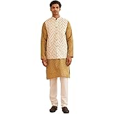 Sojanya (Since 1958 Men'S Ethnic Motifs Silk Blend Mustard Kurta With Pyjama & Cream Nehru Jacket