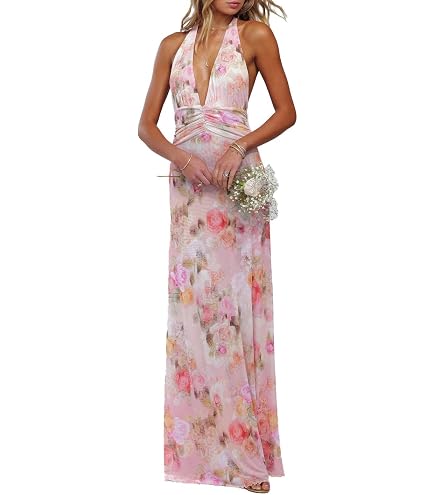Womens Halter Floral Maxi Dress Deep V Neck Cocktail Backless Long Dresses