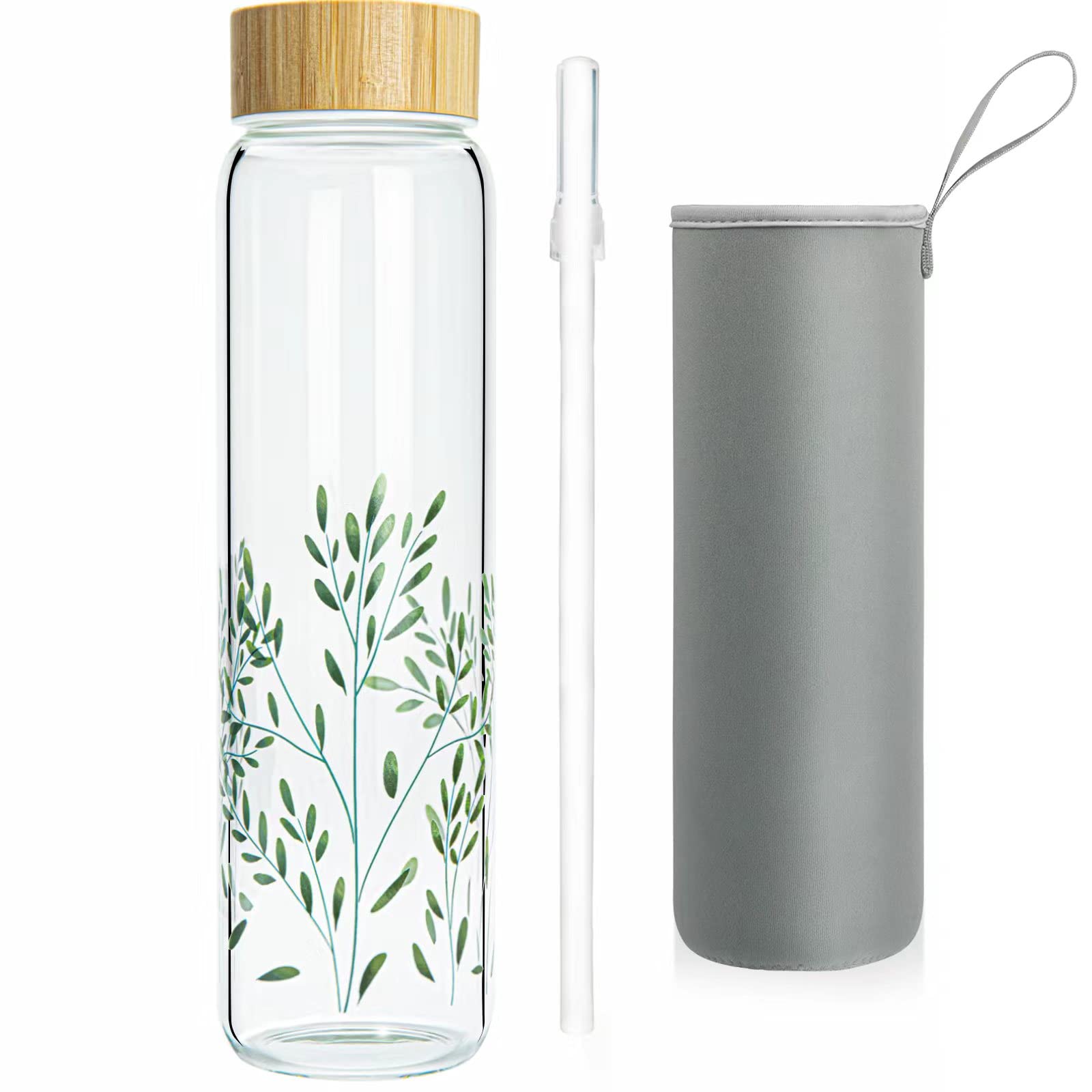 Ferexer Borosilicate Glass Water Bottle with Bamboo Lid and Neoprene Sleeve，Reusable Glass Dirinking Bottle Wide Mouth BPA Free 600 ml / 1 Litre / 1l (1000ml, Green Leaf 1l)