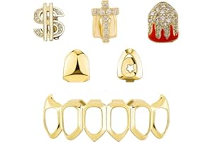 ILIEMOC 6PCS Gold/Silver Teeth Grillz Set for Men Women – Dollar Sign, Cross, Flame Tooth & 8 Classic Tops Bottoms – Iced Out Hip Hop Fake Teeth for Party, Halloween, Cosplay
