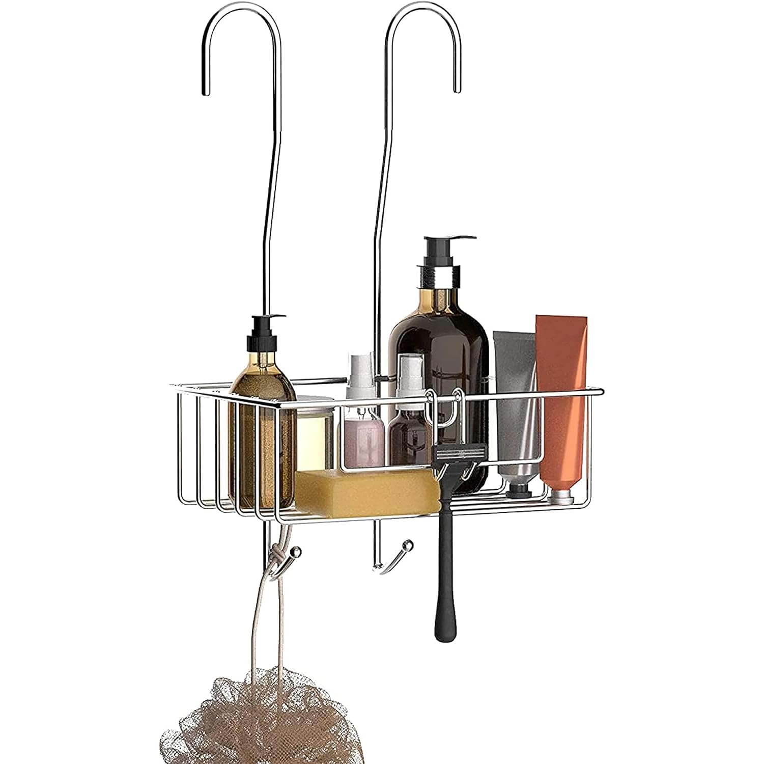 Photo 1 of Bamodi Shower Caddy Hanging Stainless Steel | Rustproof Hanging Basket with Hooks-Shower Shelf Bathroom Accessory with Silicone Sleeves and Rubber Rings for Noise Cancelling (15.7x 9.8x 5 Inches)