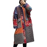 NFYM Women's Trench Coat Floral Print Long Jacket Cotton Linen Vintage Patchwork Outwear Thin Cotton Quilted