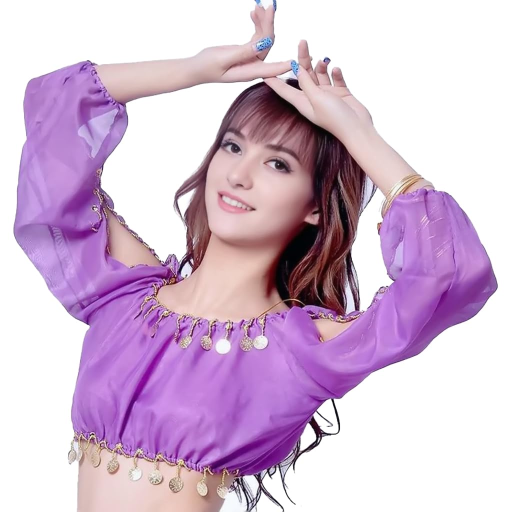 Wuchieal Women's Carnival Stage Performance Tops,Belly Dance Long Sleeves Top,Crop Top with Gold Coins (One Size, Purple)
