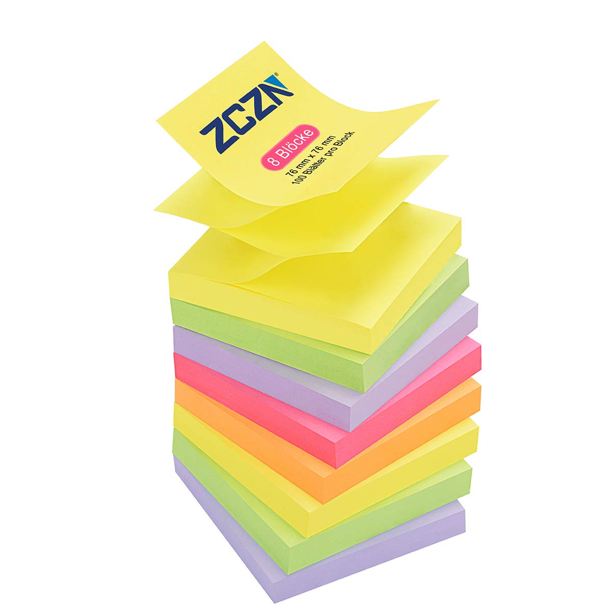 ZCZN Pop-up Sticky Notes 76 x 76 mm, 8 Pads Assorted Colours Self-Stick Z Notes, 100 Sheets/Pad, (Yellow,Light Green,Light Purple,Rose Red,Orange)