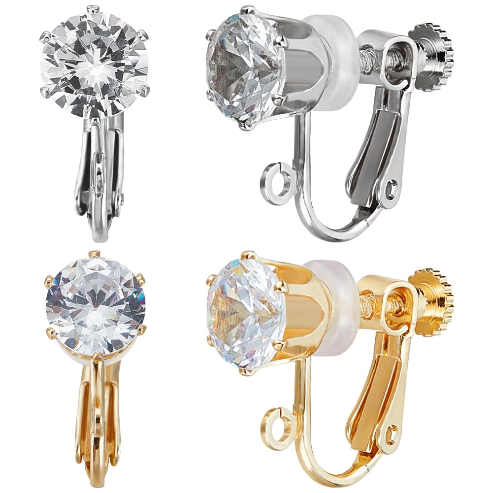 Beebeecraft 1 Box 12Pcs Earring Clips 14K Gold Plated & Platinum Plated Cubic Zirconia 2 Color Clip-on Non-Pierced Earring Converters Findings for DIY Jewellery Making