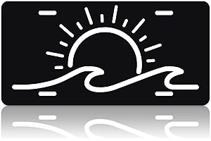 LOISTAVA Sun and Ocean Wave Car Front License Plate Black White Wave Personalise License Plate Stainless Steel Car Plate Tag Funny Novelty Vanity Tag Screw Decorative