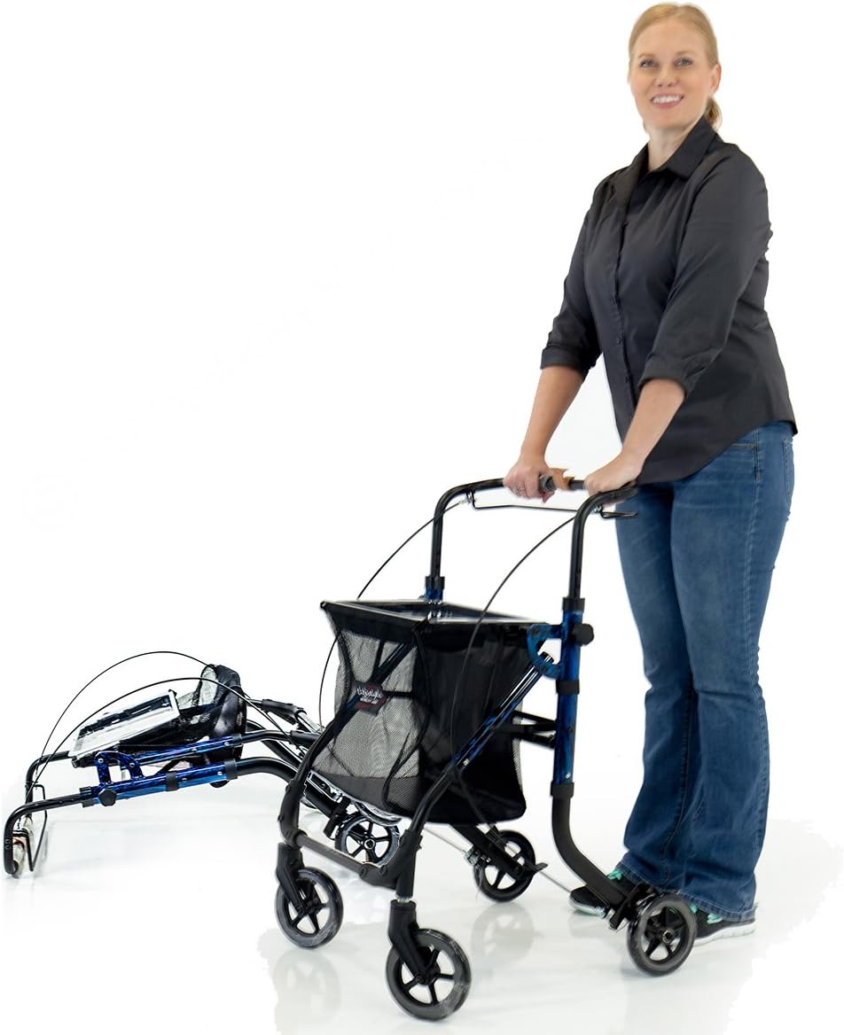 Shop N Go Folding Adjustable Height Walker Rollator + Tote Bag & Tray - Laser Blue Color