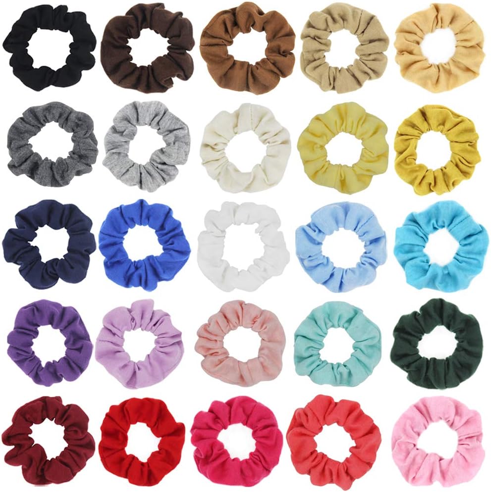 Pack of 25 Cotton Hair Scrunchies Single Jersey Solid Color Ponytail Holders Hair Ties for Girl (25 colors)