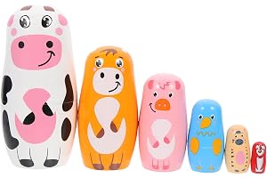 SEWACC 6 Layers Russian Nesting Dolls Cow Pig Duck Matryoshka Dolls Wooden Animal Figurine Matryoshka Wooden Toys for Children Kids Winter Party Wishing Gifts